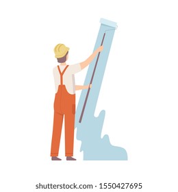 Painter In Construction Helmet Paints The Wall Flat Vector Illustration