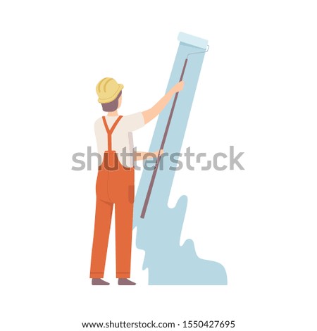 Painter In Construction Helmet Paints The Wall Flat Vector Illustration