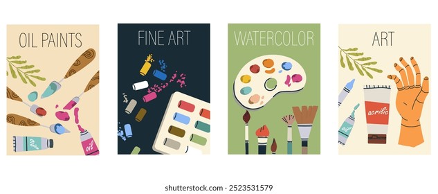 Painter courseflat poster set with oil paint, fine art, watercolor, hand dummy, paints tubes, pastel, painting knife, art symbols isolated vector illustration