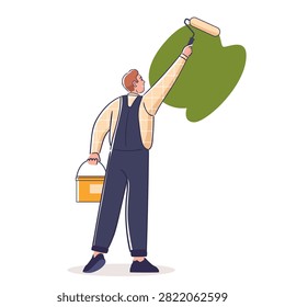 Painter in coverall rolls paint on wall with tray bucket, rear view, clean background line work. Concept of renovation, makeover, upgrade, home improvement, progress. Cartoon vector illustration.