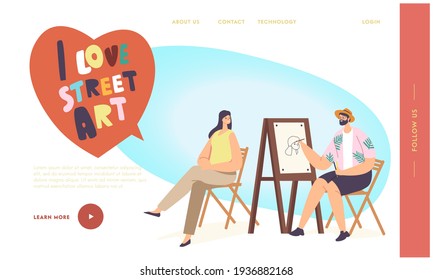 Painter Creative Hobby, Art Landing Page Template. Street Artist Character Painting Portrait of Girl Sitting Front of Easel. Painter Holding Brush, Woman Posing. Cartoon People Vector Illustration