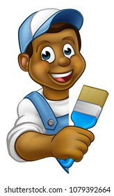 A painter and decorator cartoon character holding a paintbrush tool and peeking around from behind a sign