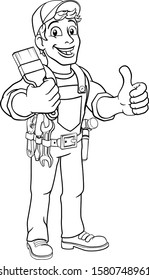 A painter decorator construction handyman cartoon man holding a paintbrush brush and giving a thumbs up
