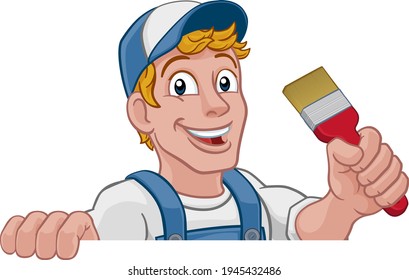 A painter decorator construction handyman cartoon man holding a paintbrush brush and peeking over a sign