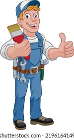 A painter decorator construction handyman cartoon man holding a paintbrush brush and giving a thumbs up