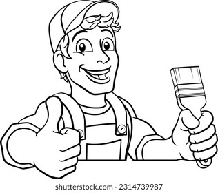 A painter decorator construction handyman cartoon man holding a paintbrush brush. Peeking over a sign and giving a thumbs up