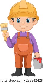 A painter decorator construction handyman cartoon man holding a paintbrush brush of illustration