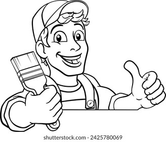 A painter decorator construction handyman cartoon man holding a paintbrush brush. Peeking over a sign giving a thumbs up