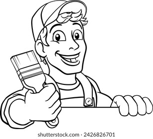 A painter decorator construction handyman cartoon man holding a paintbrush brush. Peeking over a sign