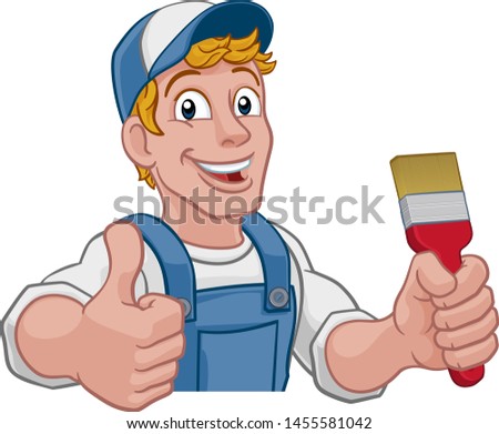 A painter decorator construction handyman cartoon man holding a paintbrush brush. Peeking over a sign and giving a thumbs up