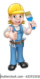 A painter decorator handyman cartoon character holding a paintbrush and giving a thumbs up