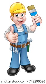 A painter decorator handyman cartoon character holding a paintbrush and giving a thumbs up