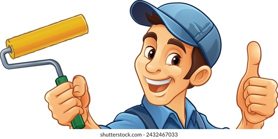 A painter decorator handyman cartoon construction man mascot character holding a paint roller tool