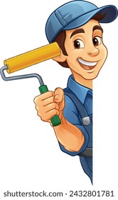 A painter decorator handyman cartoon construction man mascot character holding a paint roller tool