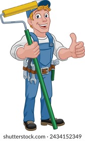 A painter decorator handyman cartoon construction man mascot character holding a paint roller tool