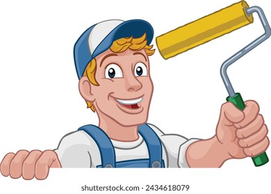 A painter decorator handyman cartoon construction man mascot character holding a paint roller tool