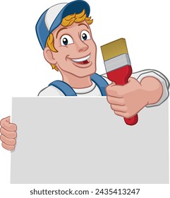 A painter decorator handyman cartoon construction man mascot character holding a paint brush tool