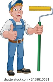 A painter decorator handyman cartoon construction man mascot character holding a paint roller tool