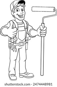 A painter decorator handyman cartoon construction man mascot character holding a paint roller tool