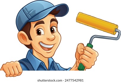 A painter decorator handyman cartoon construction man mascot character holding a paint roller tool