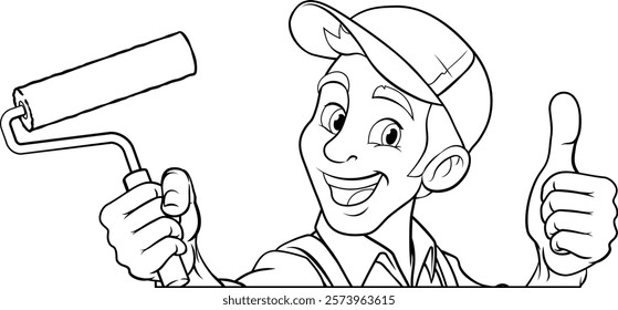 A painter decorator handyman cartoon construction man mascot character holding a paint roller tool