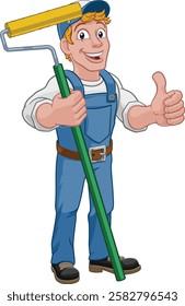 A painter decorator handyman cartoon construction man mascot character holding a paint roller tool