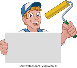 A painter decorator handyman cartoon construction man mascot character holding a paint roller tool