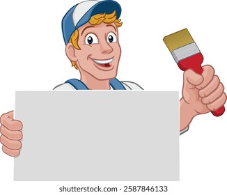 A painter decorator handyman cartoon construction man mascot character holding a paint brush tool