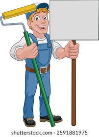 A painter decorator handyman cartoon construction man mascot character holding a paint roller tool