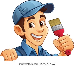 A painter decorator handyman cartoon construction man mascot character holding a paint brush tool