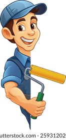 A painter decorator handyman cartoon construction man mascot character holding a paint roller tool