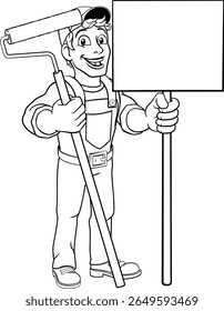 Um pintor decorador handyman desenho animado homem de construção mascote personagem segurando uma ferramenta de rolo de tinta