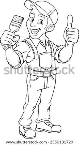A painter decorator handyman cartoon construction man mascot character holding a paint brush tool