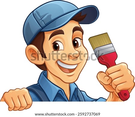 A painter decorator handyman cartoon construction man mascot character holding a paint brush tool