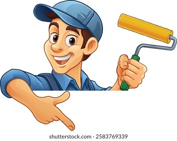 A painter decorator handyman cartoon mascot man holding a paint roller, peeking around a sign and pointing at it