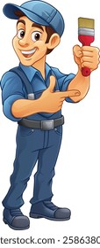 A painter decorator handyman cartoon mascot man holding a paint brush and pointing