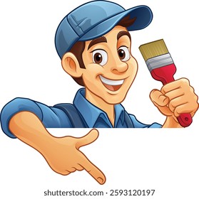 A painter decorator handyman cartoon mascot man holding a paint brush and pointing