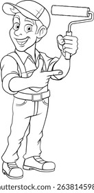 A painter decorator handyman cartoon mascot man holding a paint roller and pointing