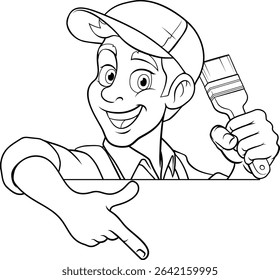 A painter decorator handyman cartoon mascot man holding a paint brush and pointing