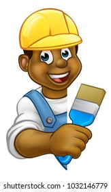 A painter decorator holding a paintbrush hand tool and peeking around from behind a sign