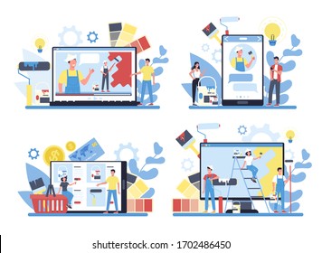 Painter, decorator online service or platform on differernt device concept set. Online workshop, consultation or video tutorial. Upgrade and repair process concept. Vector illustration