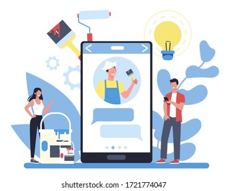 Pintor, decorador de servicio en línea o plataforma. Consulta profesional en línea. Concepto de proceso de actualización y reparación. Ilustración del vector