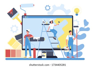 Painter, decorator online service or platform. Online workshop, project service or website. Upgrade and repair process concept. Vector illustration