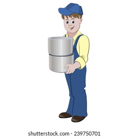 The painter or decorator standing with the pile of buckets with paint or lacquer