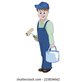 The painter or decorator standing with a roller and a bucket of a paint 