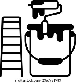 Painter and decorator vector icon design, Handyman Services symbol, House Repairing sign, Civil Engineering and Building Contractor stock illustration, Paint Bucket with Roller and Step Ladder concept