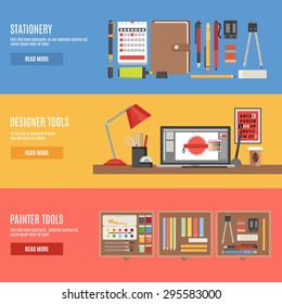 Painter and designer tools in workspace or boxes and stationery flat color horizontal banner set isolated vector illustration