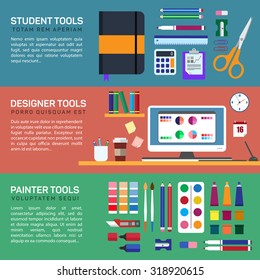 Painter and designer tools in workspace or boxes and stationery flat color horizontal banner set isolated vector illustration