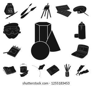 Painter and drawing black icons in set collection for design. Artistic accessories vector symbol stock web illustration.