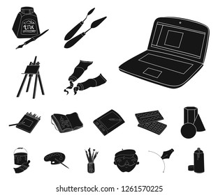 Painter and drawing black icons in set collection for design. Artistic accessories vector symbol stock web illustration.